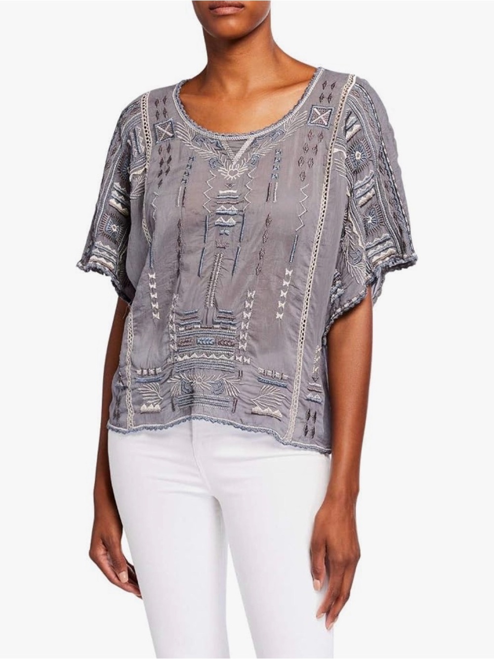 Johnny Was Gray Embroidered Scoop-Neck Tunic